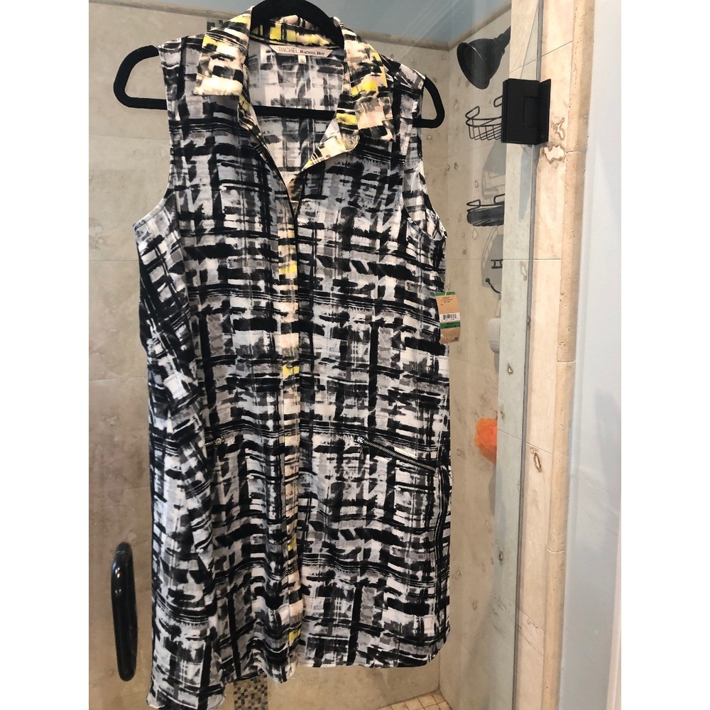 Nwt New Rachel Rachel Roy Dress Shirtdress Printed A Line Dark Gray Yellow  L